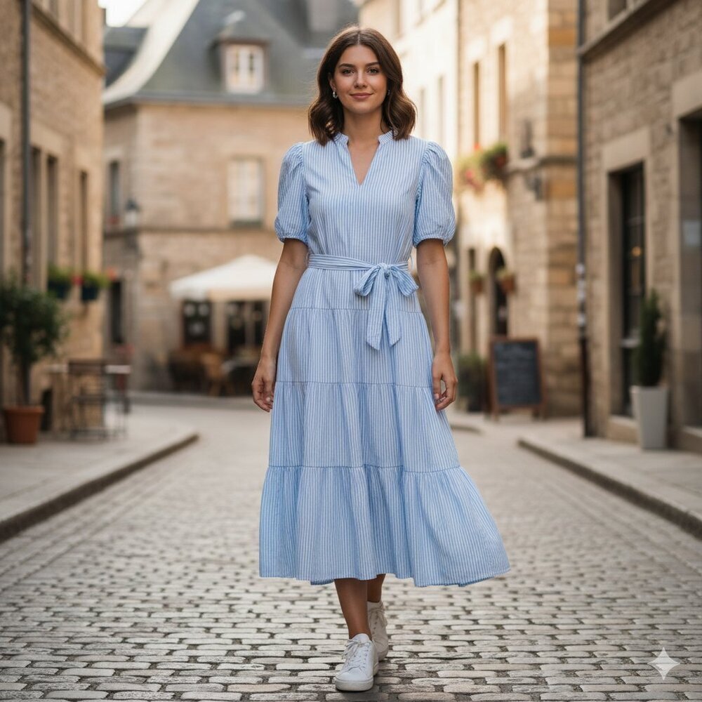 Chic Vintage Charm Cottagecore Pinstripe‎ Tiered Tie-Waist Midi Dress M